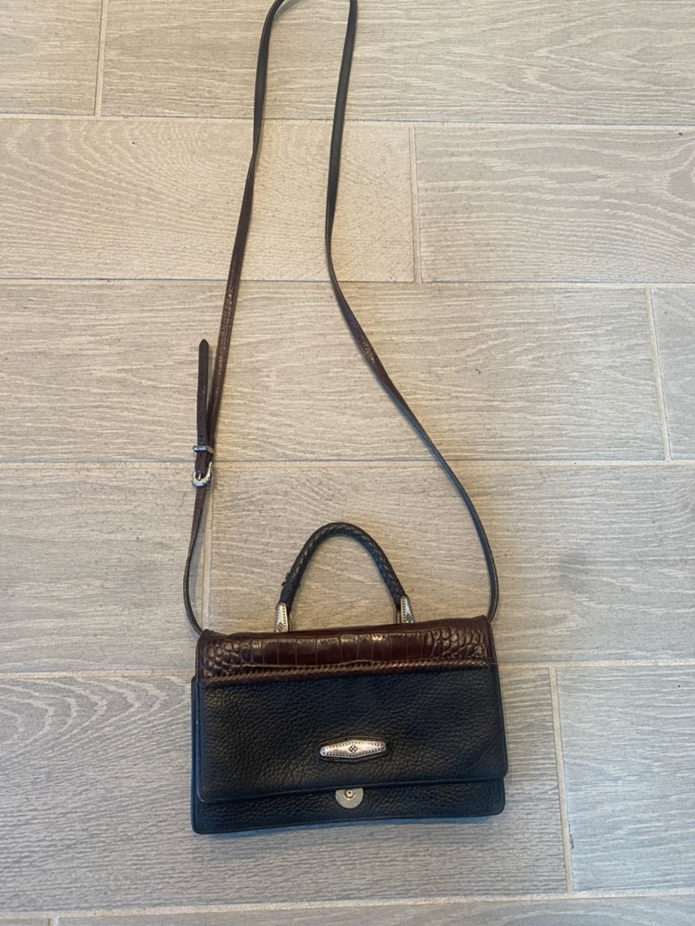 Brighton Two-Tone Black and Dark Brown Leather  Croc Crossbody Bag